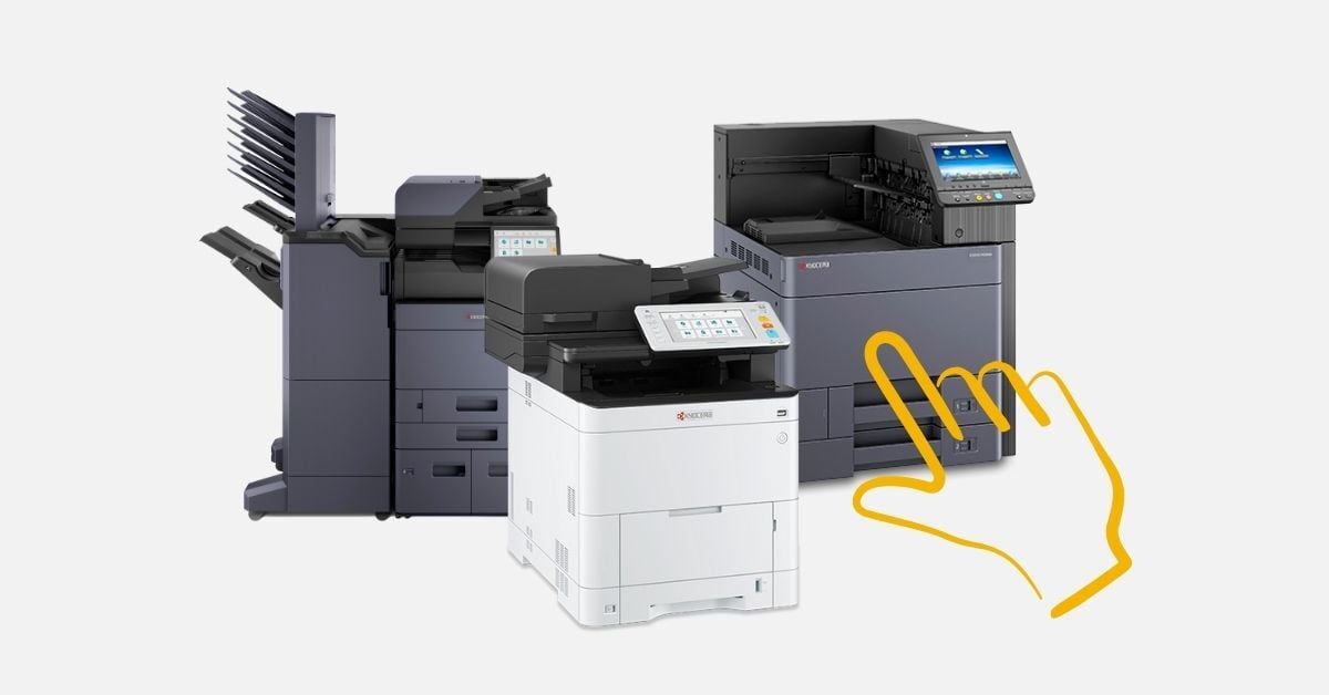 Three Kyocera printers on a grey background with a yellow hand gesture pointing
