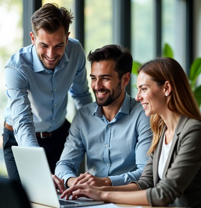 Three business people smiling at a computer screen.