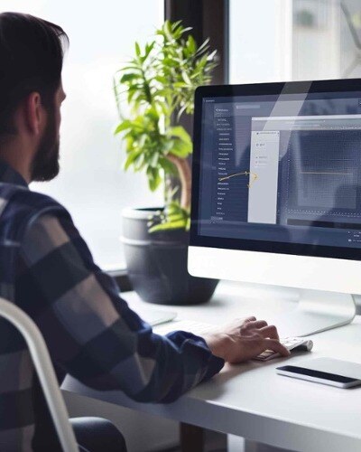 Shot from behind of a man working at a desktop computer. Office ergonomics are an important aspect of an optimised work environment.